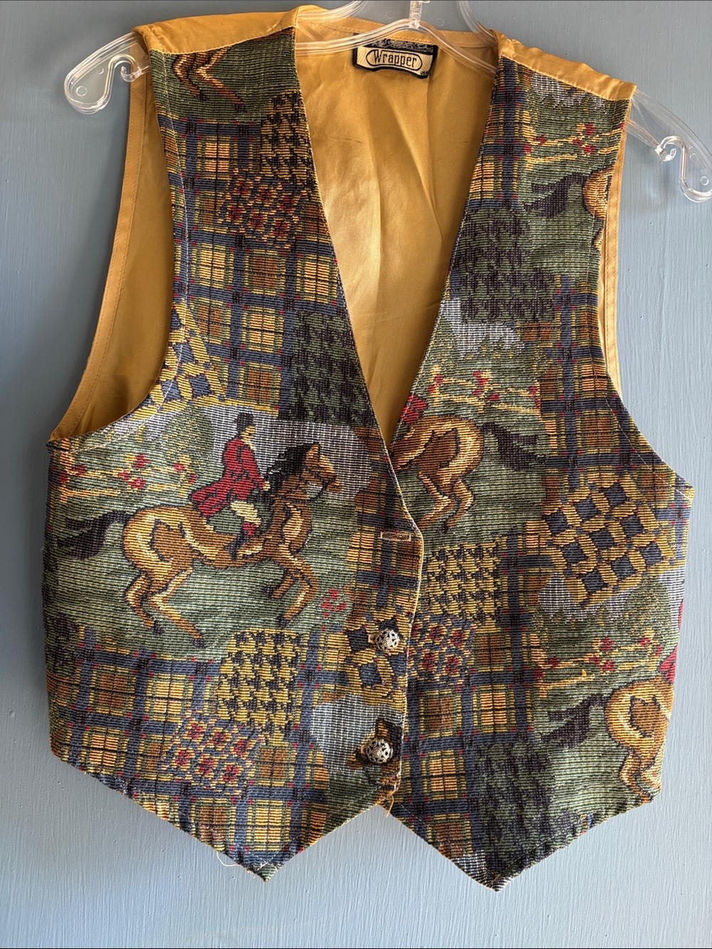 Vintage 80s 90s Patterned Equestrian Tapestry Vest - Yellow/Green